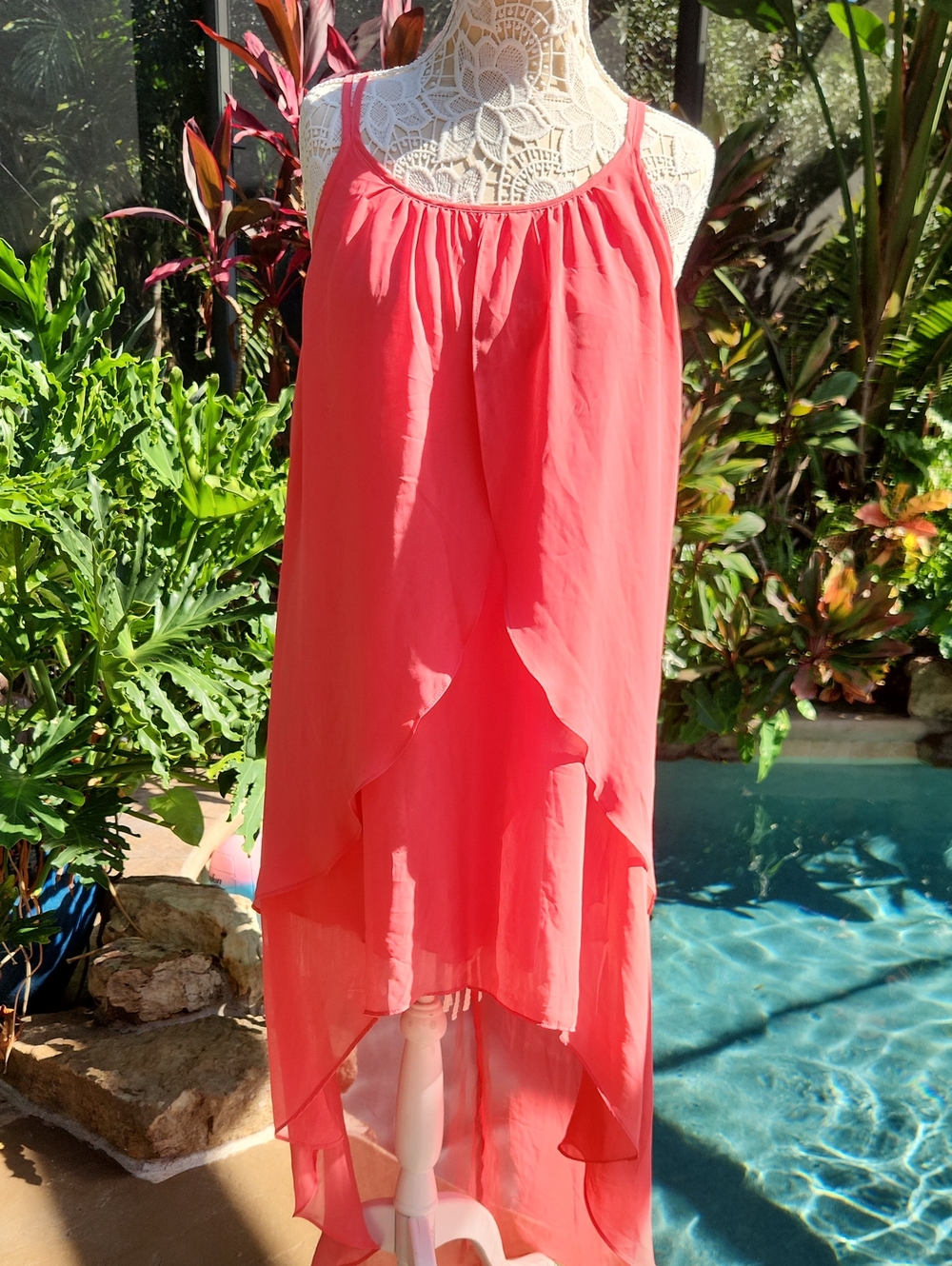 Bisou Bisou Coral Mango Color Layered High-Low Dress